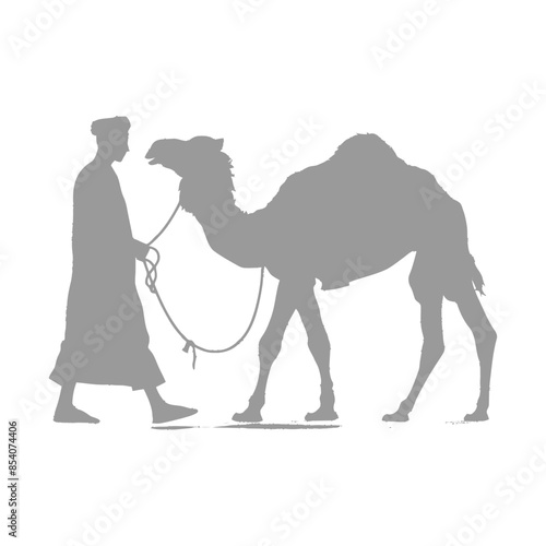 Silhouette of a Bedouin Man Leading a Camel on White.