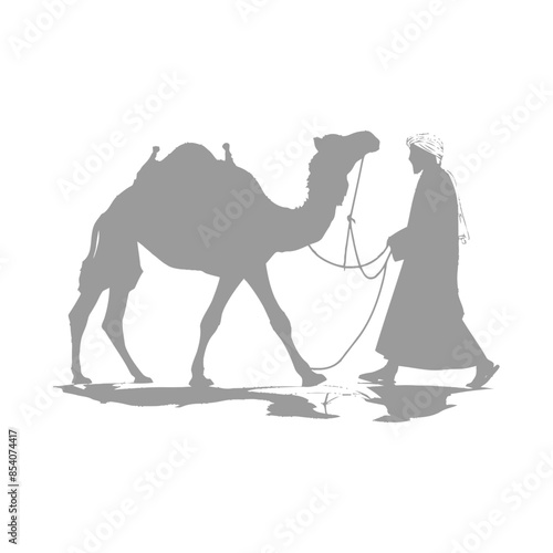 Monochrome Silhouette: Bedouin Leader Walks Camel, Minimalist Design, Middle Eastern Travel.