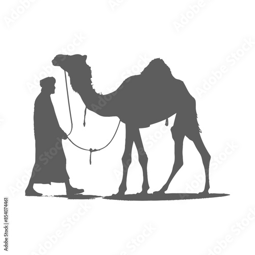 Silhouette: Bedouin Man Leading Camel, Desert Journey Graphic.