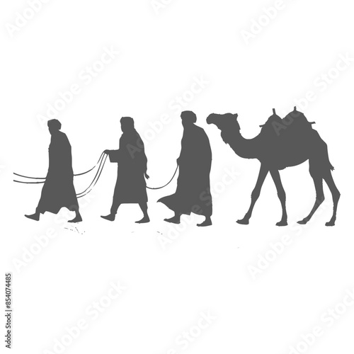 silhouette muslim men walking leading tied camels black color only