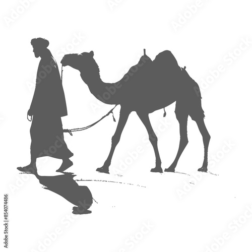 silhouette muslim men walking leading tied camels black color only