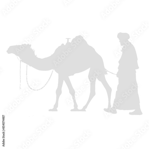 silhouette muslim men walking leading tied camels black color only