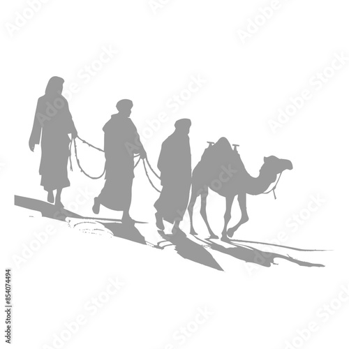 silhouette muslim men walking leading tied camels black color only