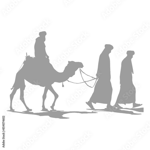 silhouette muslim men walking leading tied camels black color only