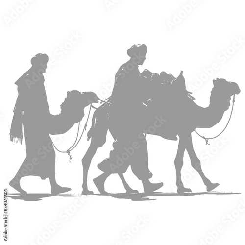 silhouette muslim men walking leading tied camels black color only