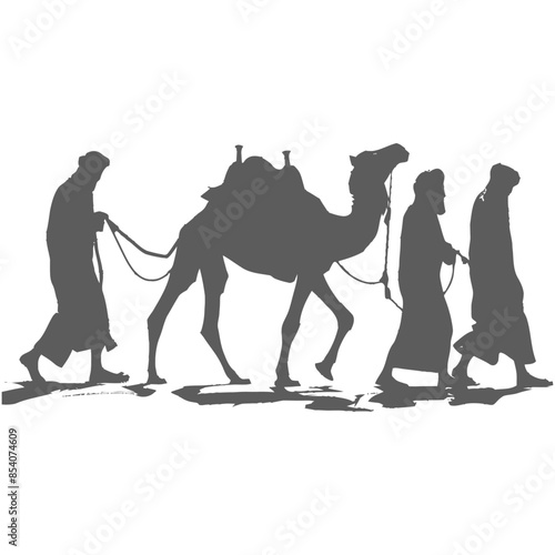 silhouette muslim men walking leading tied camels black color only