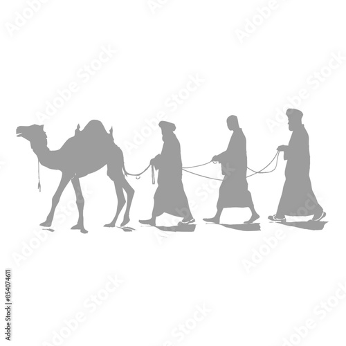 silhouette muslim men walking leading tied camels black color only