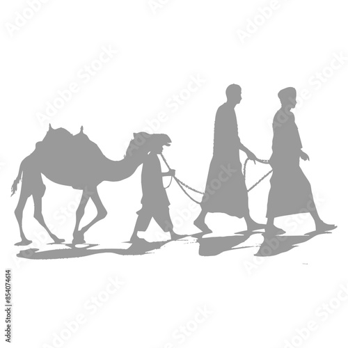 silhouette muslim men walking leading tied camels black color only