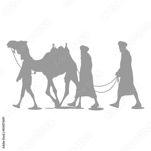 silhouette muslim men walking leading tied camels black color only