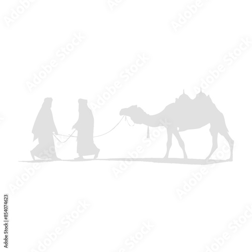silhouette muslim men walking leading tied camels black color only