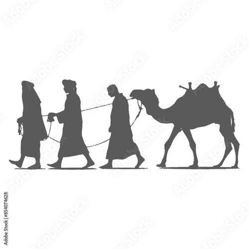 silhouette muslim men walking leading tied camels black color only