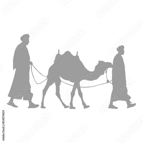 silhouette muslim men walking leading tied camels black color only
