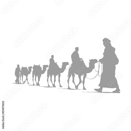 silhouette muslim men walking leading tied camels black color only
