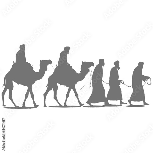 silhouette muslim men walking leading tied camels black color only