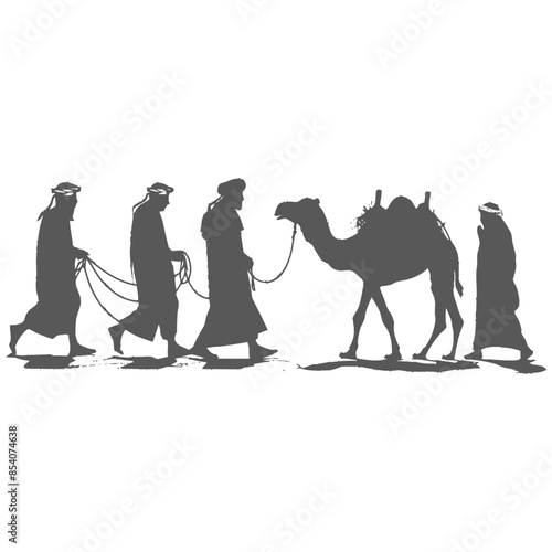 silhouette muslim men walking leading tied camels black color only