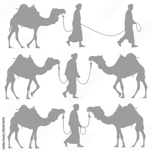 silhouette muslim men walking leading tied camels black color only