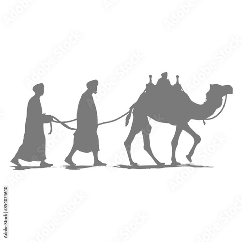 silhouette muslim men walking leading tied camels black color only