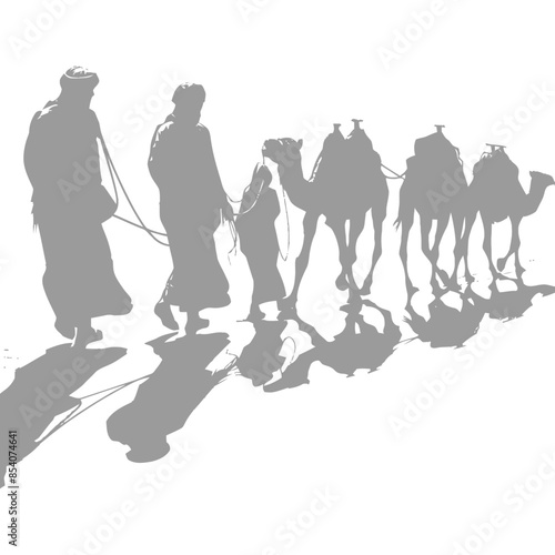 silhouette muslim men walking leading tied camels black color only
