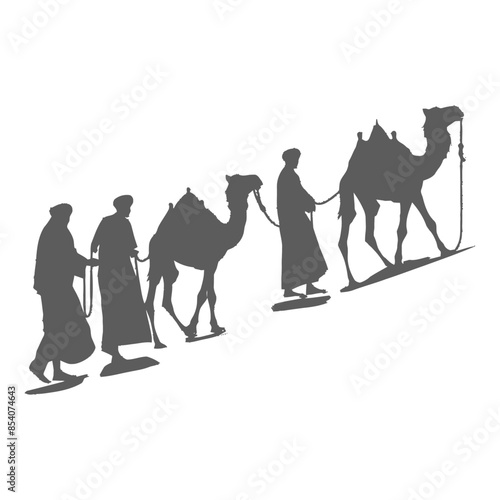 silhouette muslim men walking leading tied camels black color only