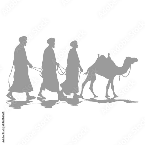 silhouette muslim men walking leading tied camels black color only