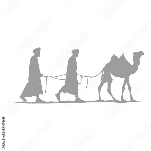silhouette muslim men walking leading tied camels black color only