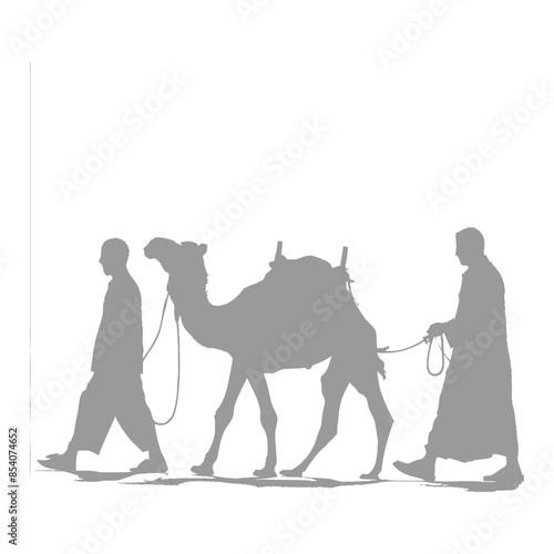silhouette muslim men walking leading tied camels black color only