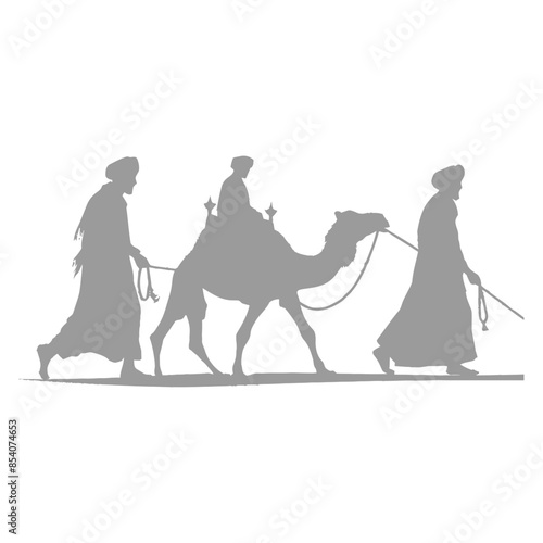 silhouette muslim men walking leading tied camels black color only