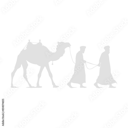 silhouette muslim men walking leading tied camels black color only