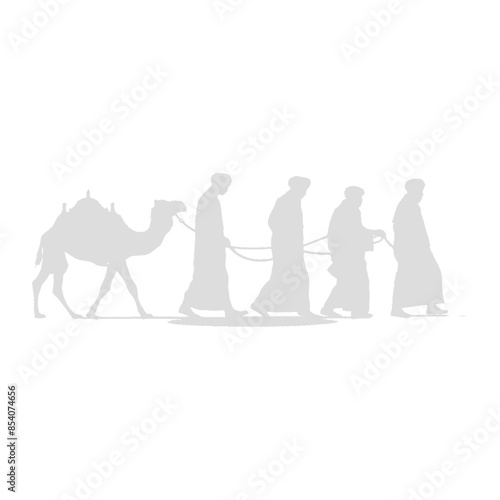silhouette muslim men walking leading tied camels black color only