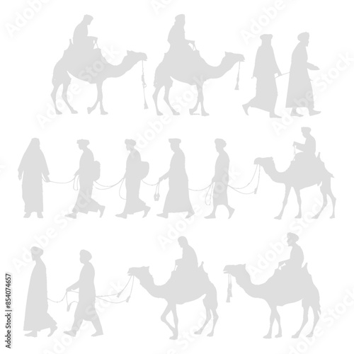 silhouette muslim men walking leading tied camels black color only