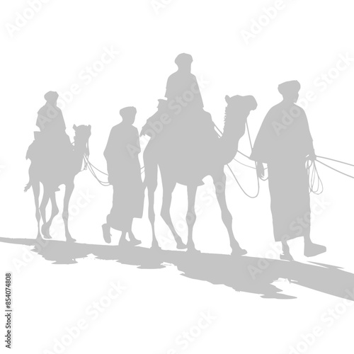 silhouette muslim men walking leading tied camels black color only