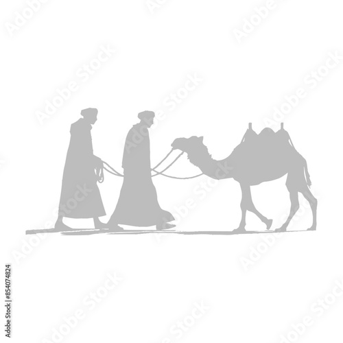 silhouette muslim men walking leading tied camels black color only