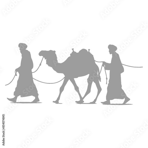 silhouette muslim men walking leading tied camels black color only
