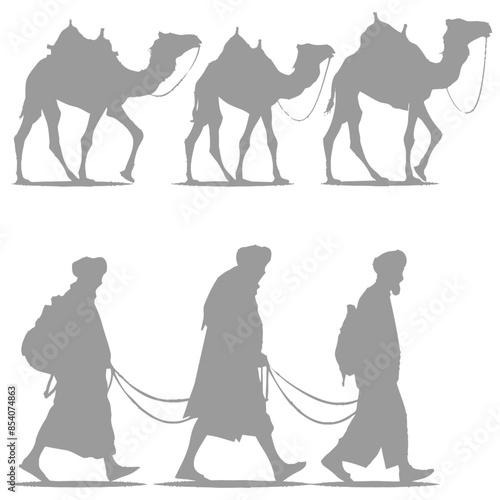 silhouette muslim men walking leading tied camels black color only