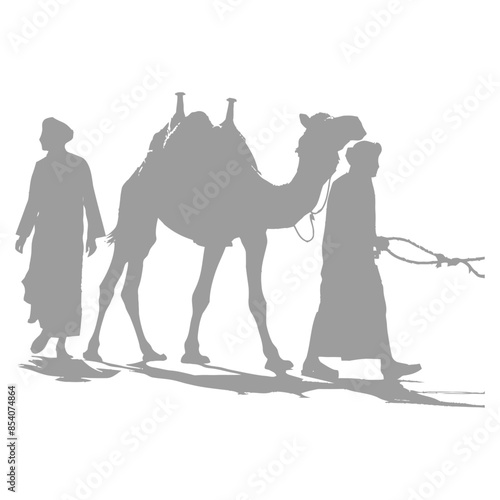 silhouette muslim men walking leading tied camels black color only
