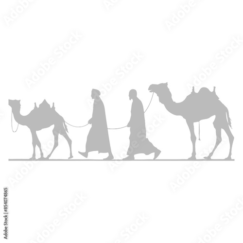 silhouette muslim men walking leading tied camels black color only