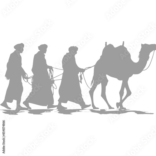 silhouette muslim men walking leading tied camels black color only