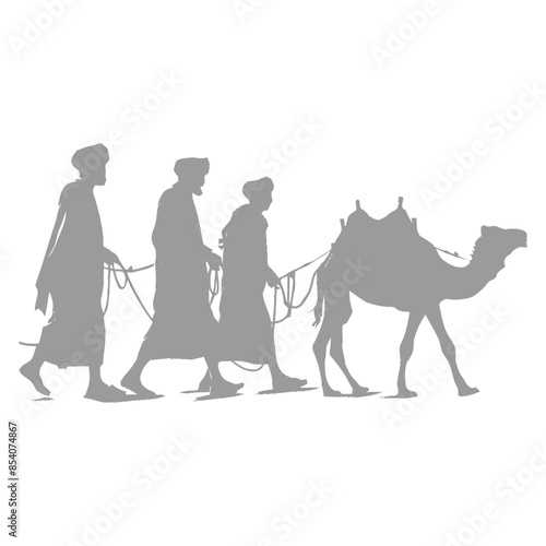 silhouette muslim men walking leading tied camels black color only