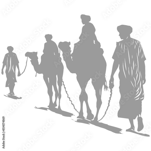 silhouette muslim men walking leading tied camels black color only