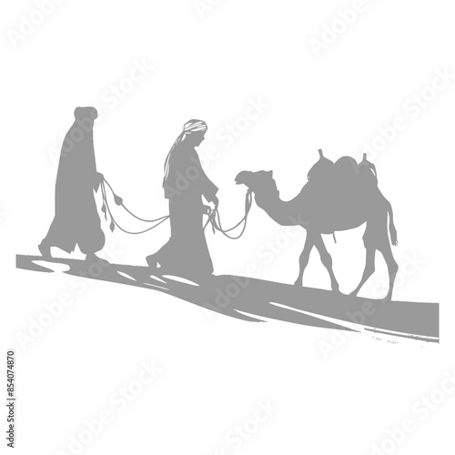 silhouette muslim men walking leading tied camels black color only