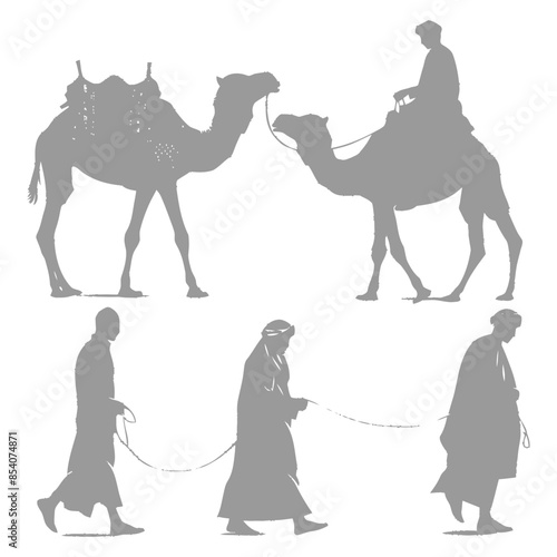 silhouette muslim men walking leading tied camels black color only