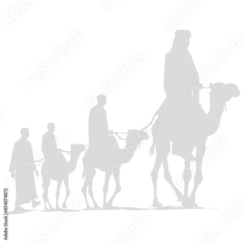 silhouette muslim men walking leading tied camels black color only