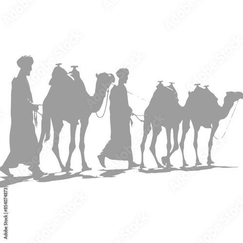 silhouette muslim men walking leading tied camels black color only