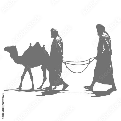 silhouette muslim men walking leading tied camels black color only