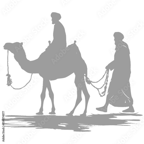 silhouette muslim men walking leading tied camels black color only