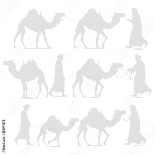 silhouette muslim men walking leading tied camels black color only