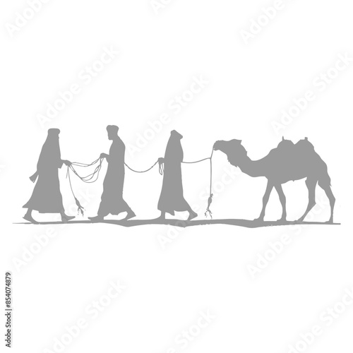 silhouette muslim men walking leading tied camels black color only