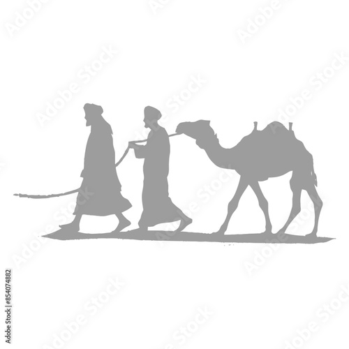 silhouette muslim men walking leading tied camels black color only