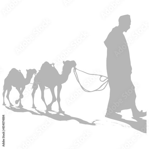 silhouette muslim men walking leading tied camels black color only