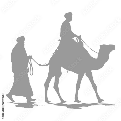 silhouette muslim men walking leading tied camels black color only